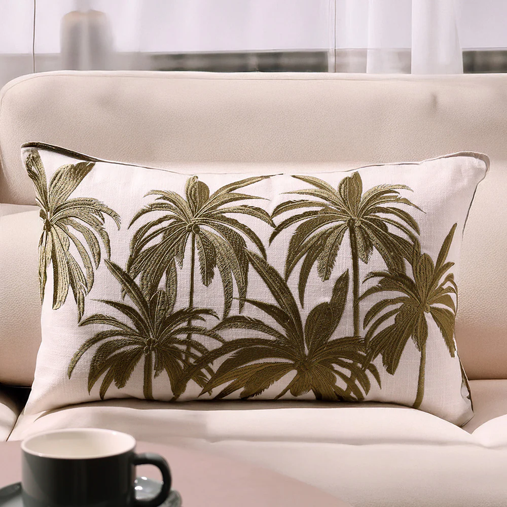 Palm Embroidered Rectangular Cushion Cover 30x50cm - Green White - Image 2
