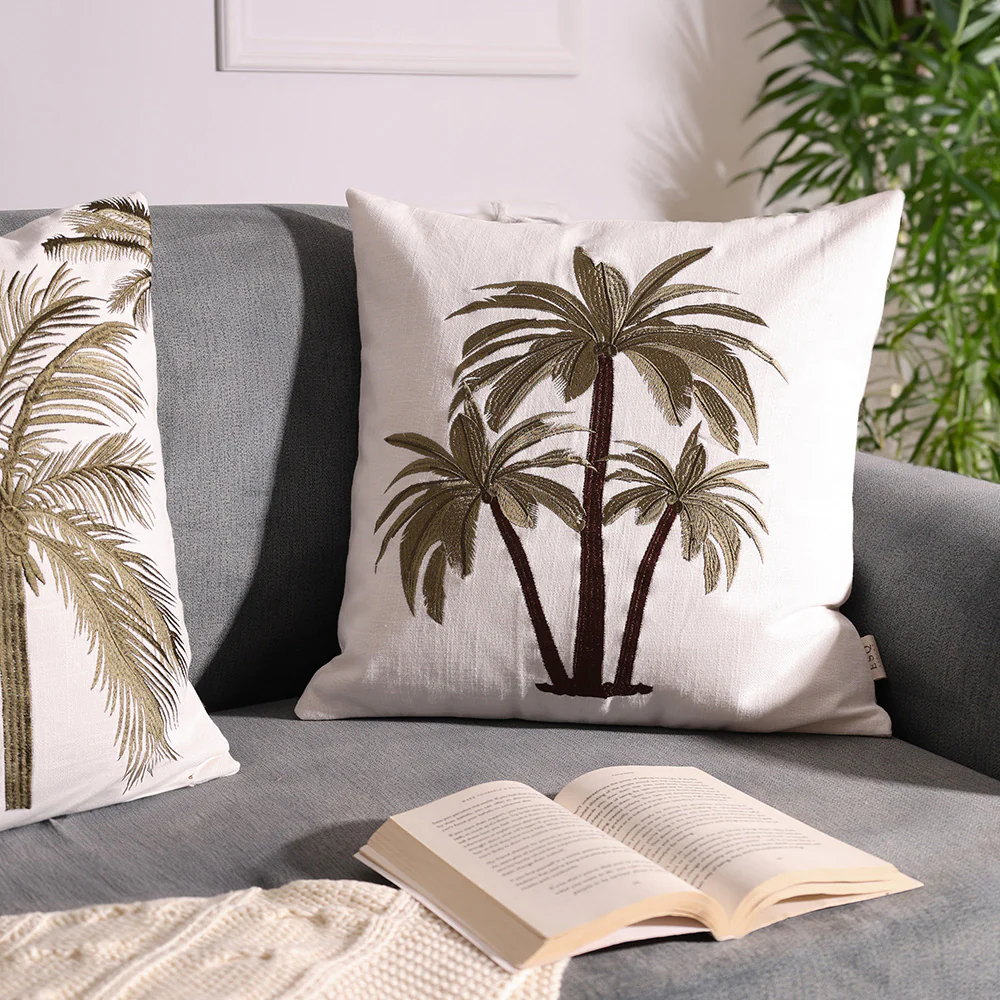 Palm Island Embroidered Cushion Cover 45x45cm - Green Brown - Image 3