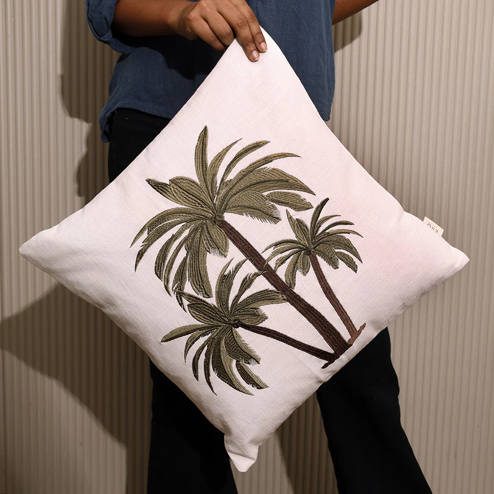 Palm Island Embroidered Cushion Cover 45x45cm - Green Brown - Image 5