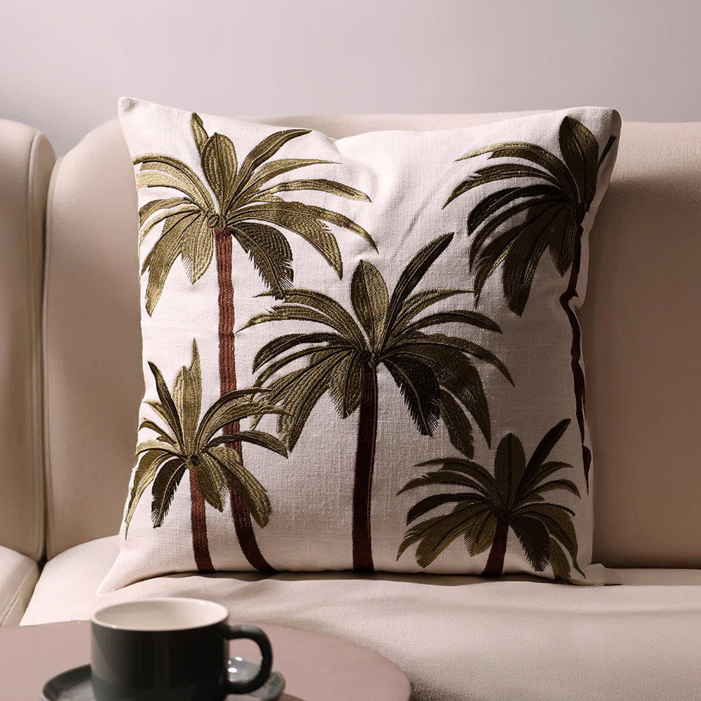 Palm Jungle Embroidered Cushion Cover 45x45cm - Green Brown - Image 2