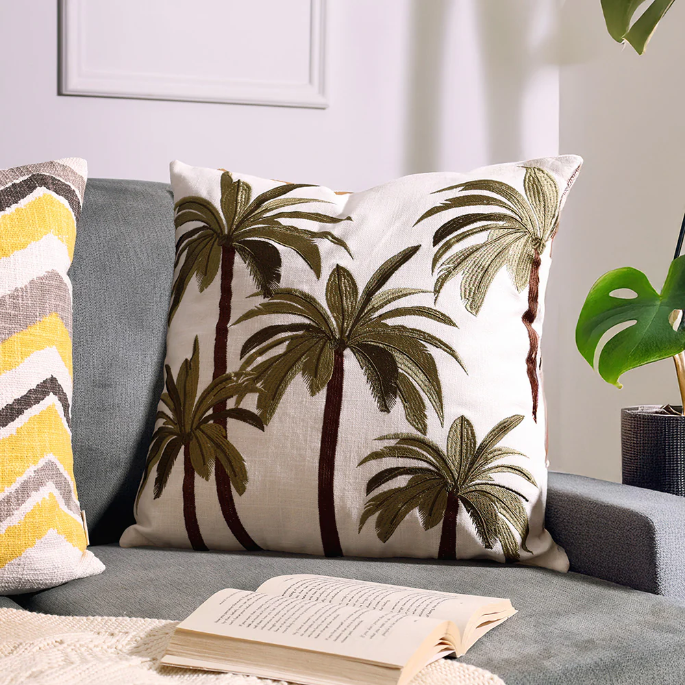 Palm Jungle Embroidered Cushion Cover 45x45cm - Green Brown - Image 3
