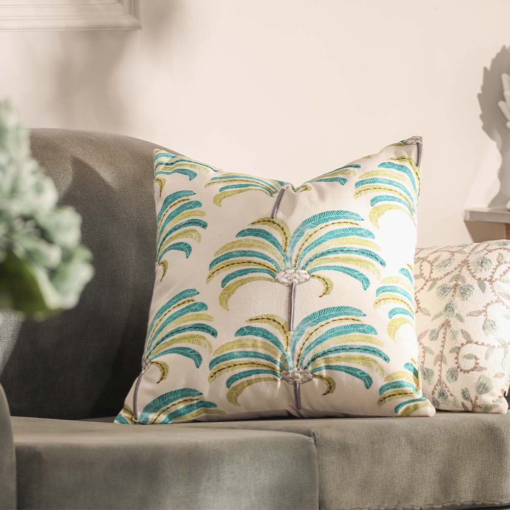 Palmette Printed & Embroidered Cotton Cushion Cover 45x45cm - Blue Green - Image 2