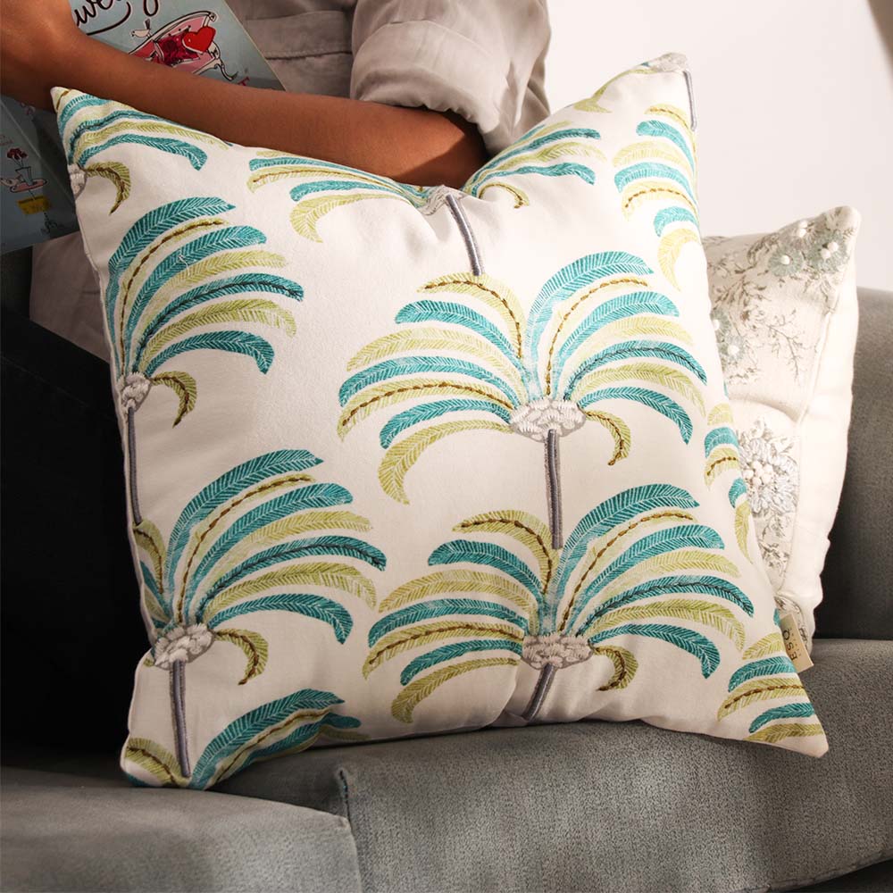 Palmette Printed & Embroidered Cotton Cushion Cover 45x45cm - Blue Green - Image 3
