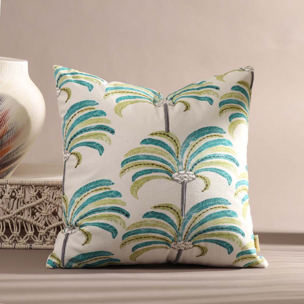 Palmette Printed & Embroidered Cotton Cushion Cover 45x45cm - Blue Green - Image 4