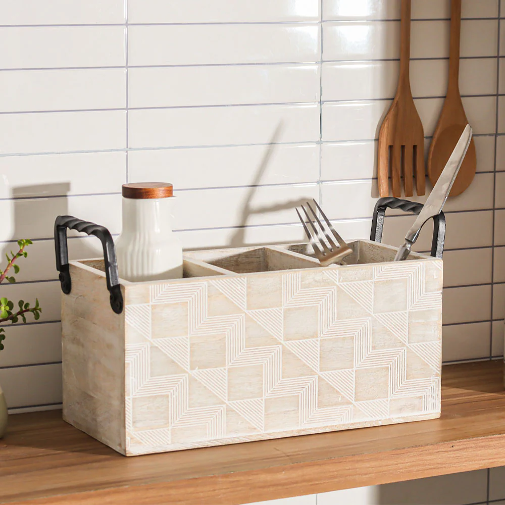 Patterned Rectangular Sectioned Caddy - Aspen White - Image 4