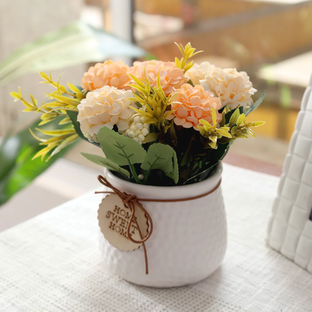 Pebbled Ceramic Planter with Faux Flowers - Peach Hydrangeas