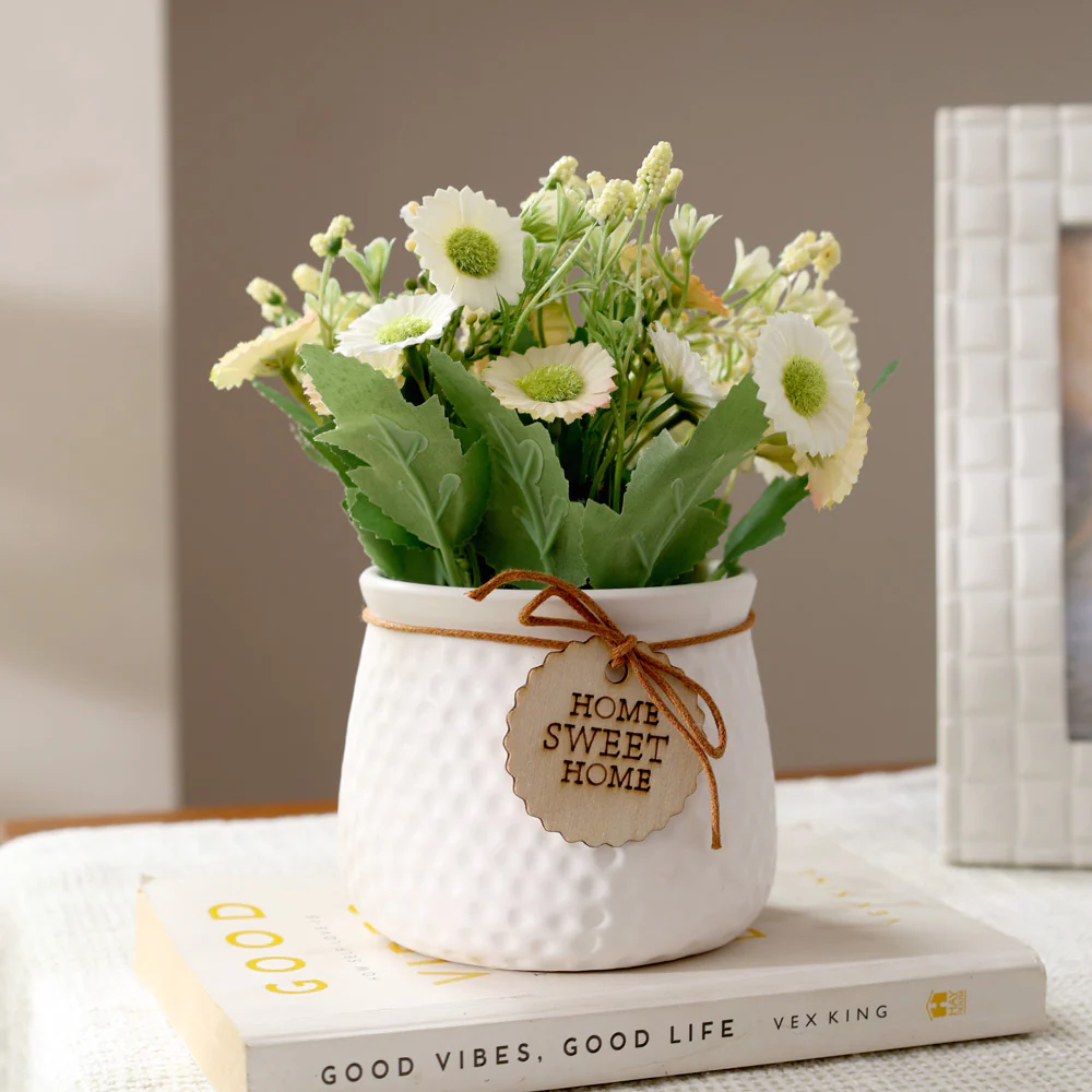 Pebbled Ceramic Planter with Faux Flowers - Sage Daisies