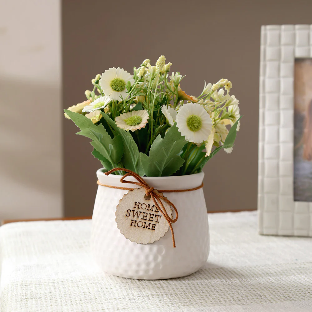 Pebbled Ceramic Planter with Faux Flowers - Sage Daisies - Image 2