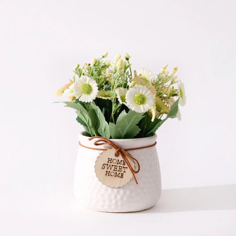 Pebbled Ceramic Planter with Faux Flowers - Sage Daisies - Image 3