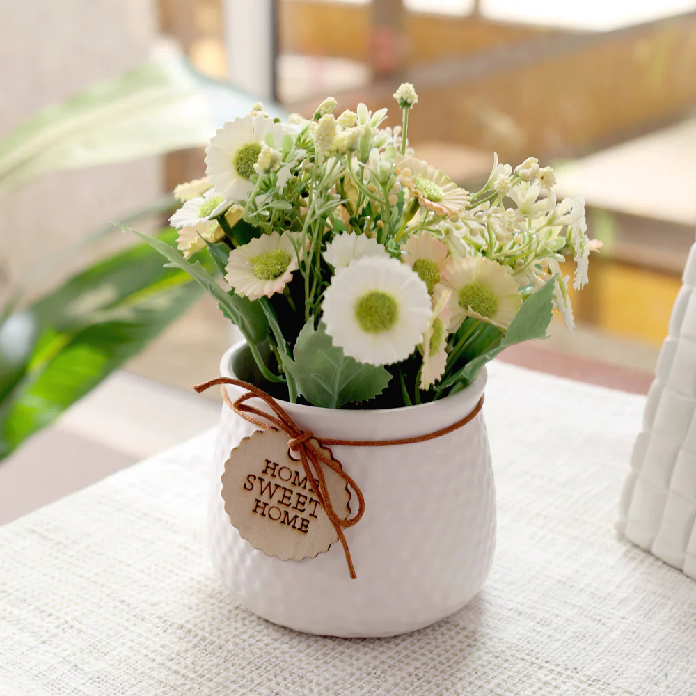 Pebbled Ceramic Planter with Faux Flowers - Sage Daisies - Image 4