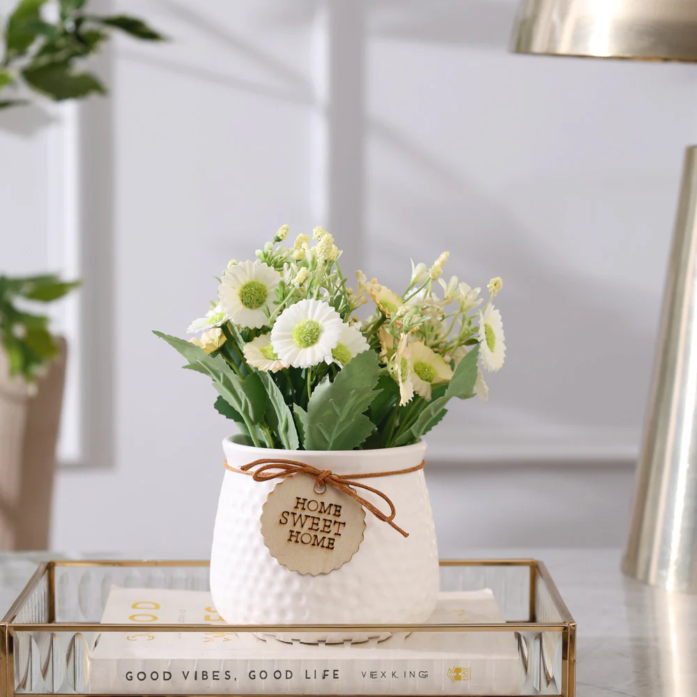 Pebbled Ceramic Planter with Faux Flowers - Sage Daisies - Image 5