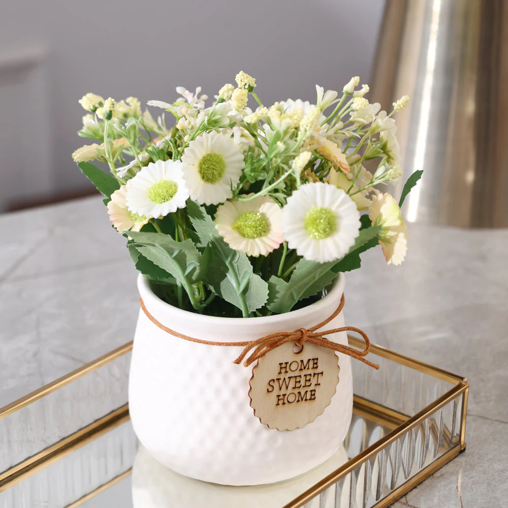 Pebbled Ceramic Planter with Faux Flowers - Sage Daisies - Image 6