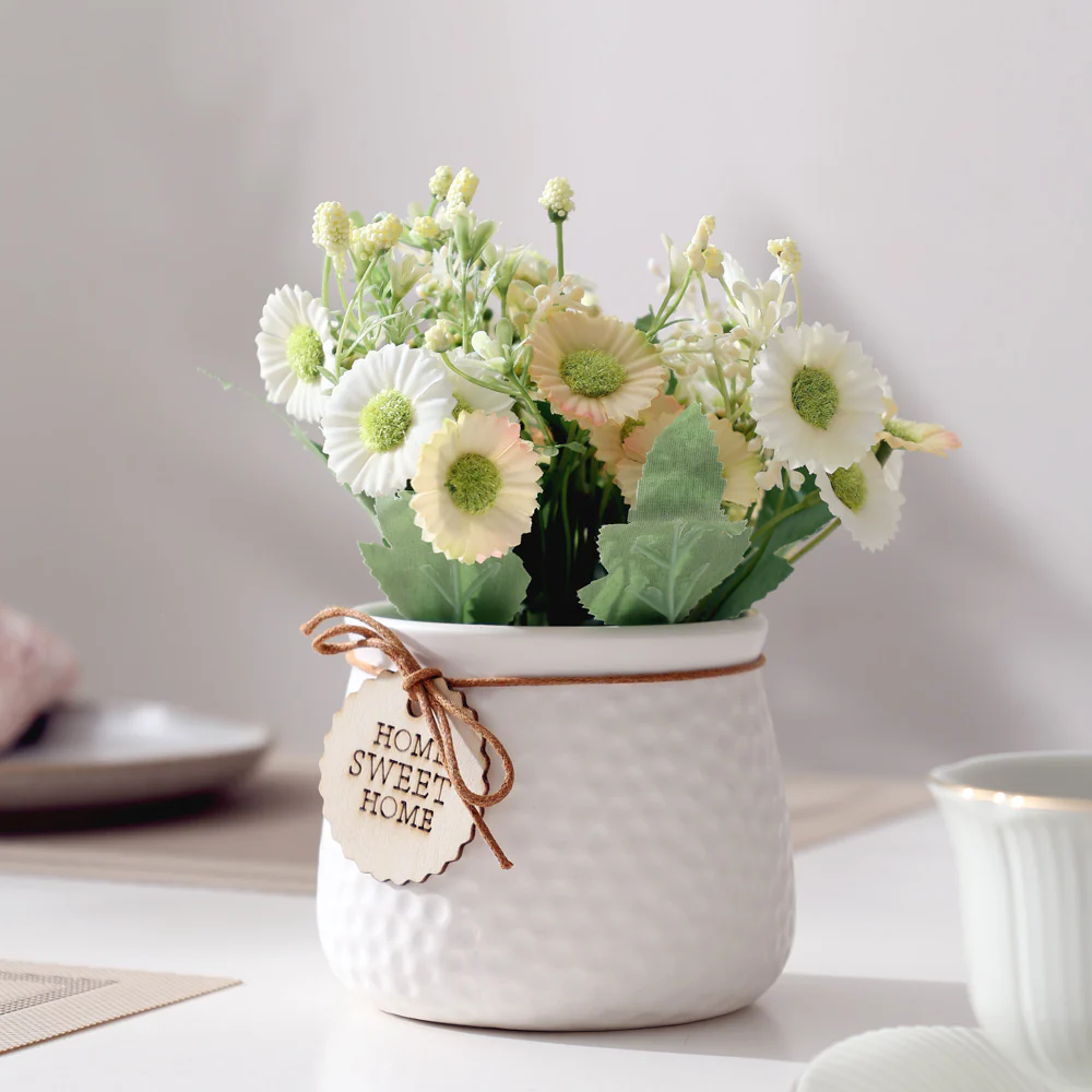 Pebbled Ceramic Planter with Faux Flowers - Sage Daisies - Image 7