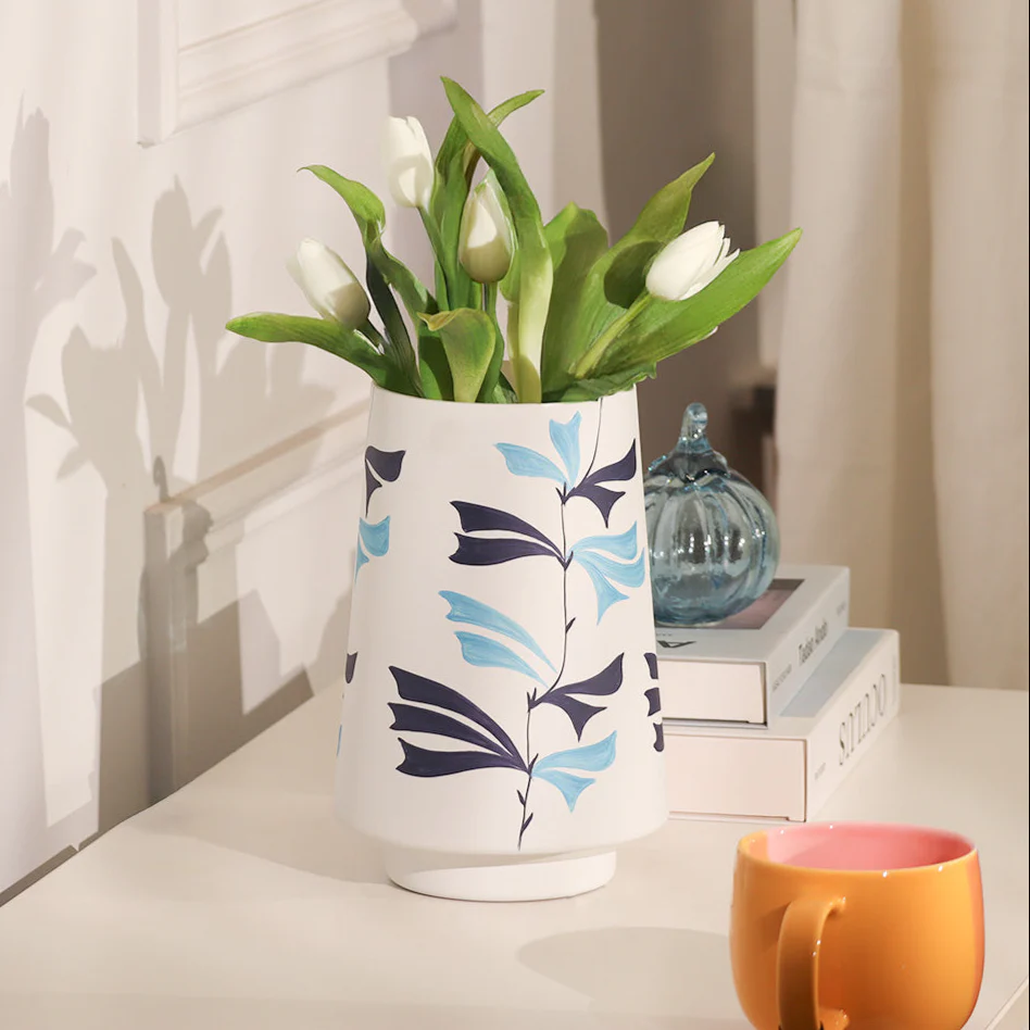 Pennon Handpainted Glass Vase Short - White Blue - Image 2