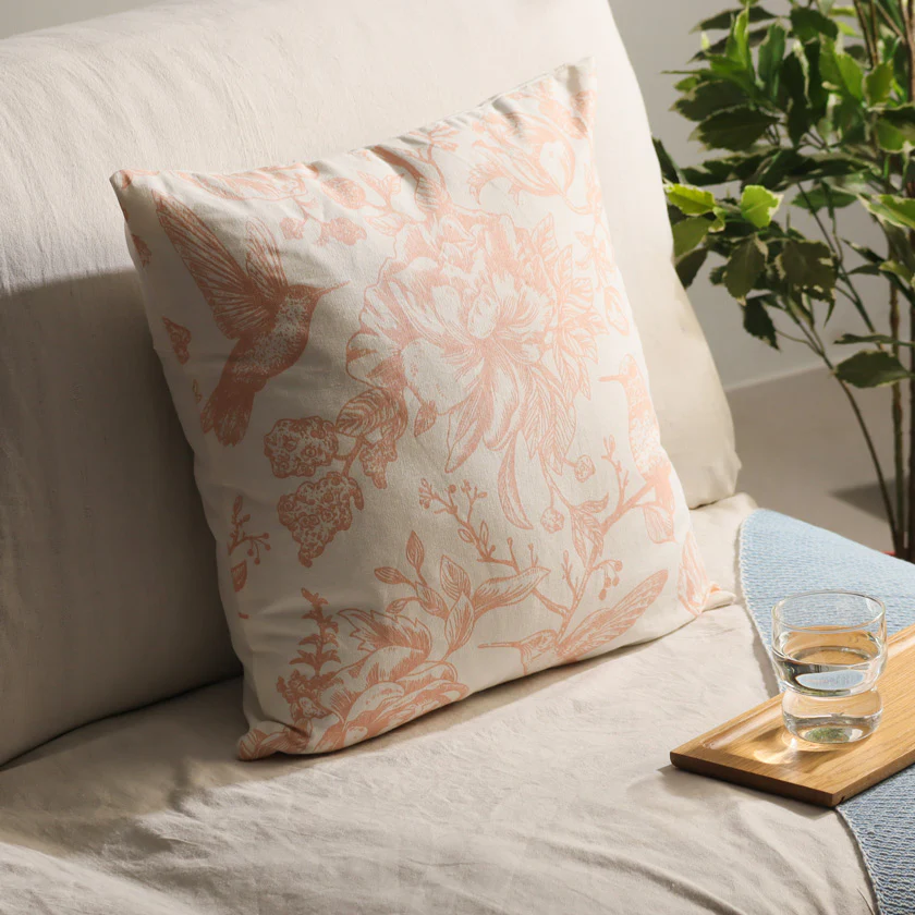 Peony Printed Cotton Cushion Cover 45x45cm - Peach White - Image 2