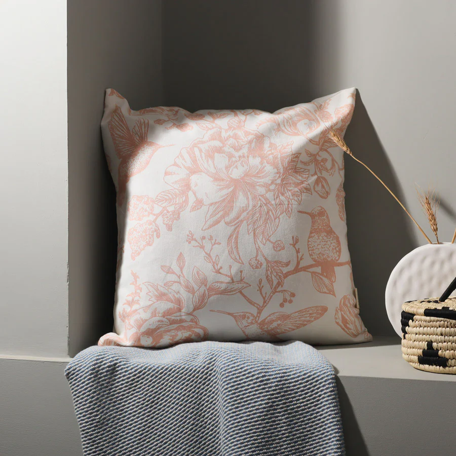 Peony Printed Cotton Cushion Cover 45x45cm - Peach White - Image 4