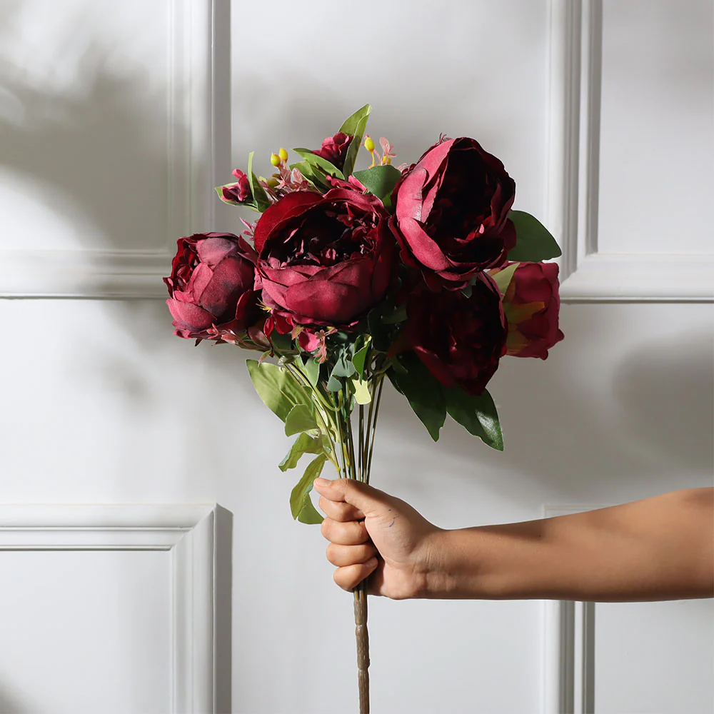 Peony with Wildflowers Faux Bunch - Crimson - Image 2