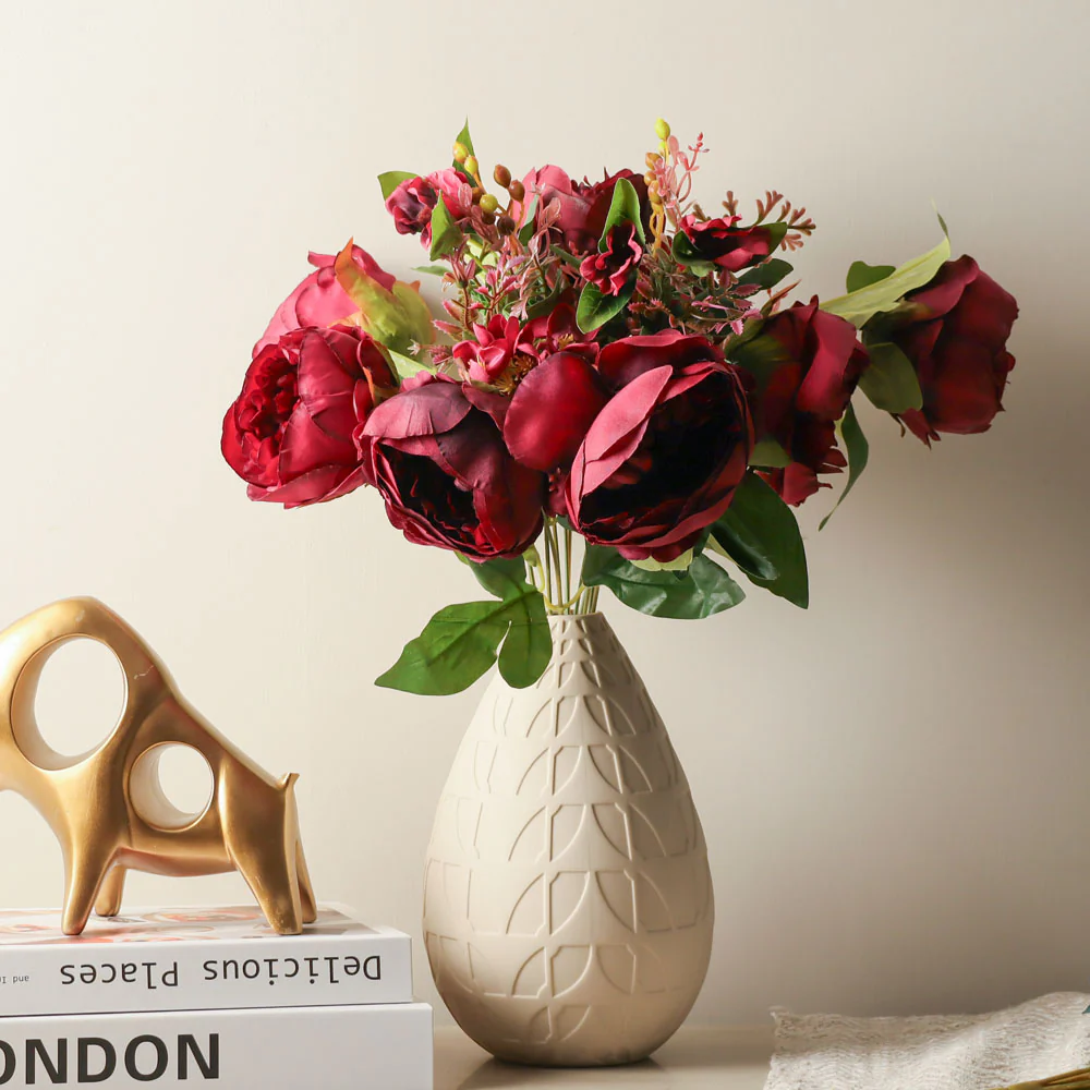 Peony with Wildflowers Faux Bunch - Crimson - Image 4