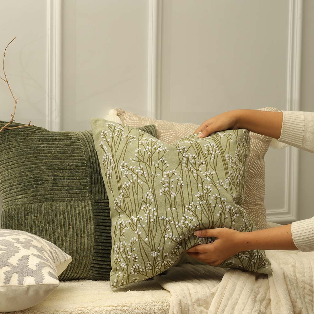 Perfekta Beaded Embroidered Cotton Cushion Cover 45x45cm - Green White - Image 2