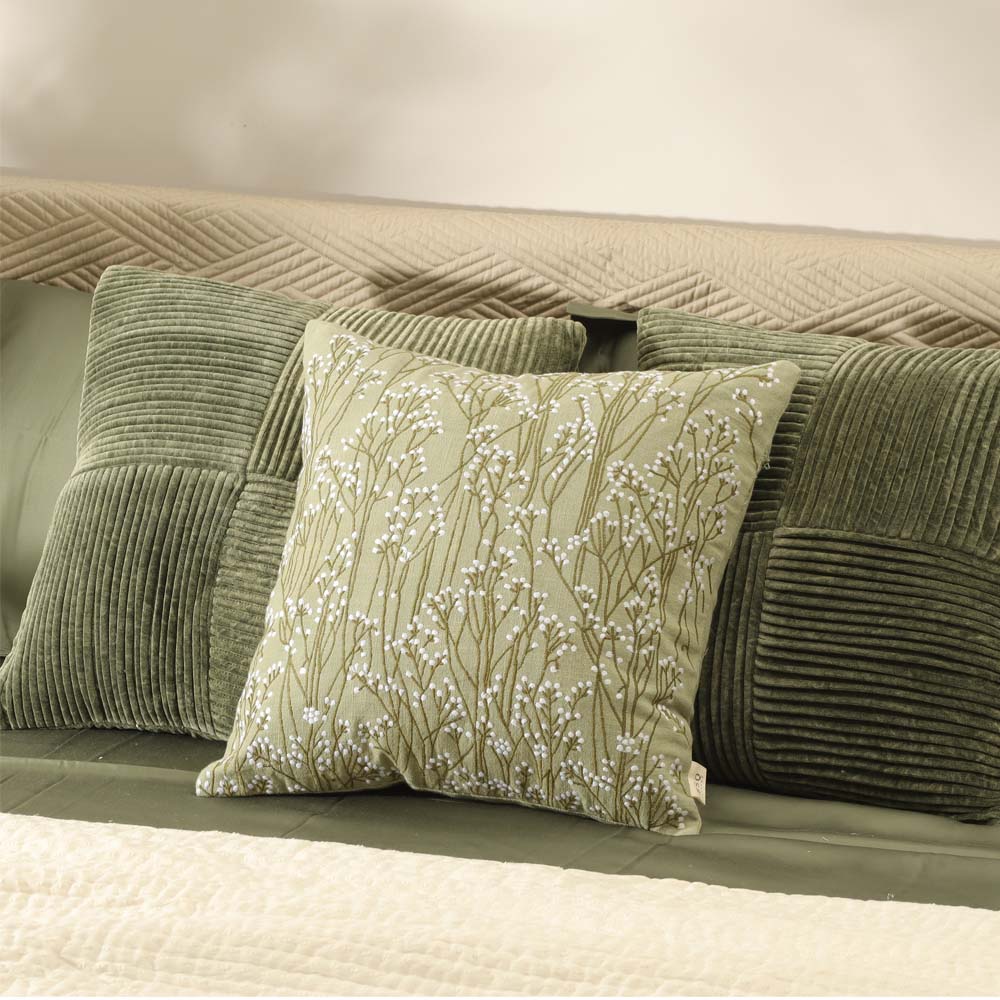 Perfekta Beaded Embroidered Cotton Cushion Cover 45x45cm - Green White - Image 3