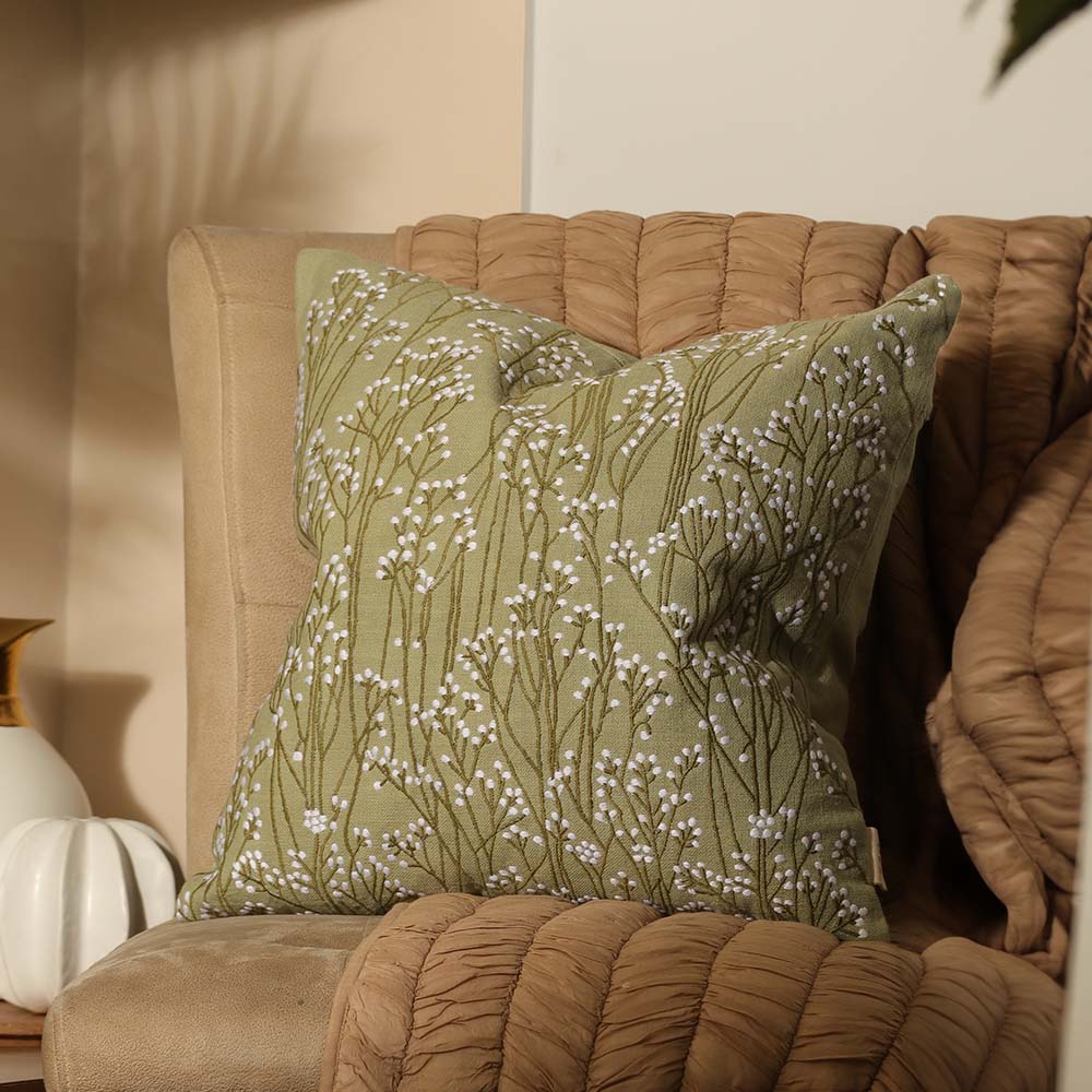 Perfekta Beaded Embroidered Cotton Cushion Cover 45x45cm - Green White - Image 4