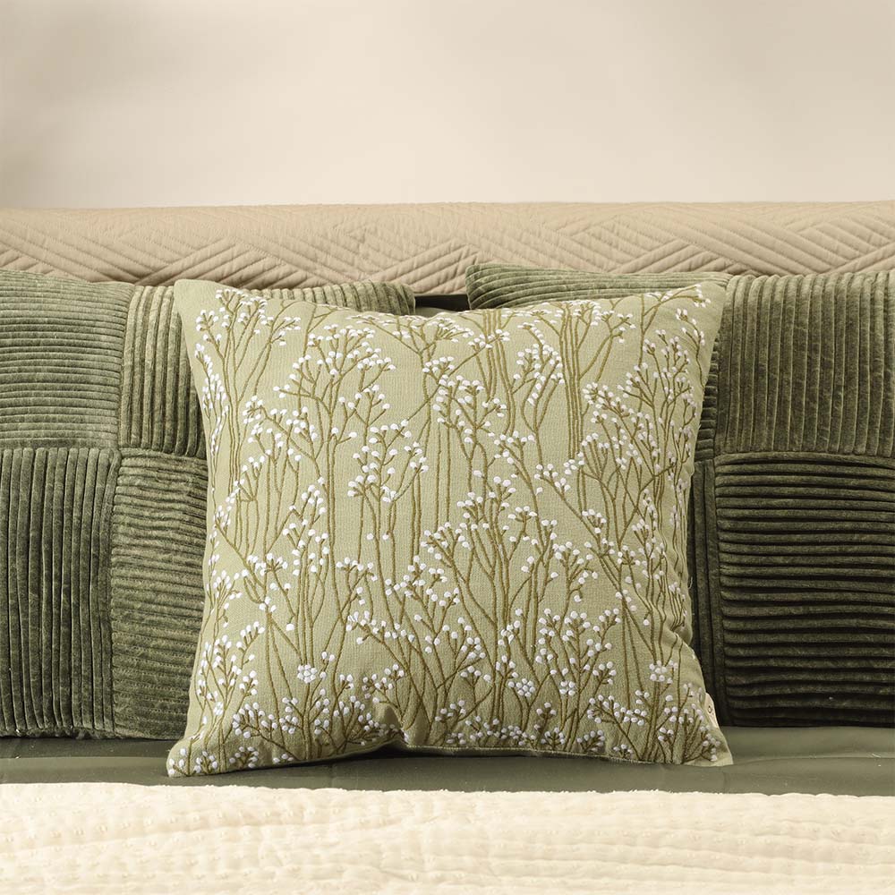 Perfekta Beaded Embroidered Cotton Cushion Cover 45x45cm - Green White - Image 5