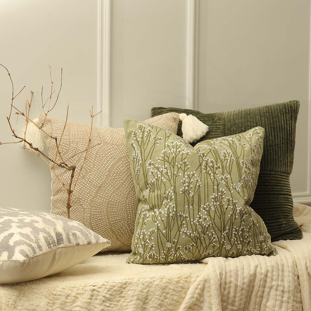 Perfekta Beaded Embroidered Cotton Cushion Cover 45x45cm - Green White - Image 7