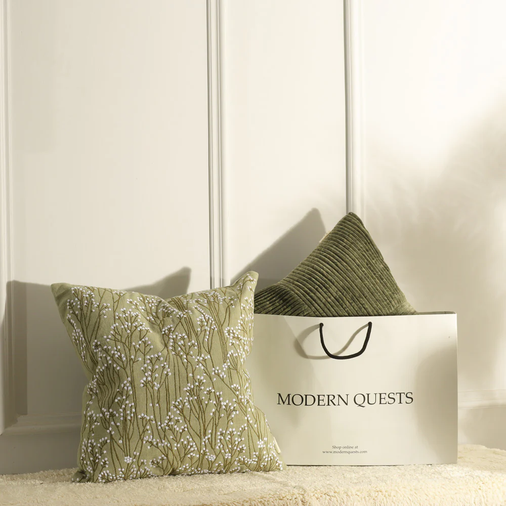 Perfekta Beaded Embroidered Cotton Cushion Cover 45x45cm - Green White - Image 8