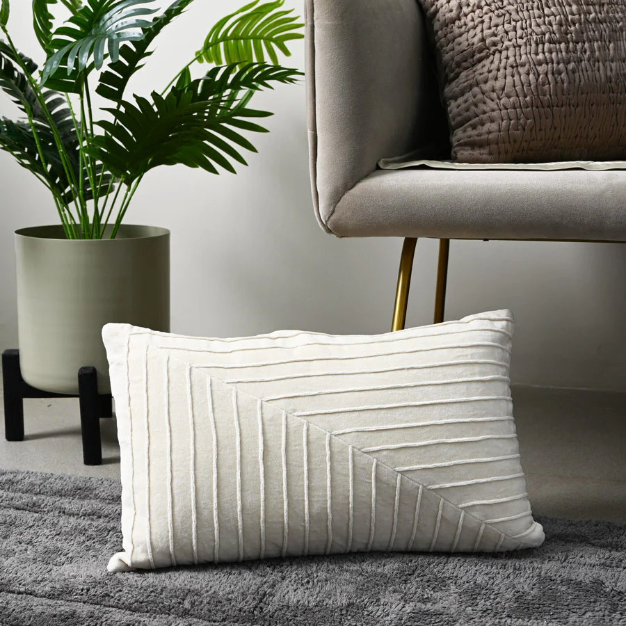 Pinstripe Velvet Textured Rectangular Cushion Cover 50x30cm - Chalk - Image 3