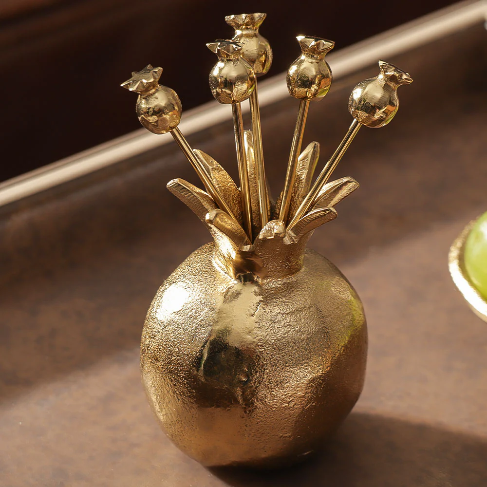 Pomegranate Metal Appetizer Picks, Set of 6 - Gold - Image 4