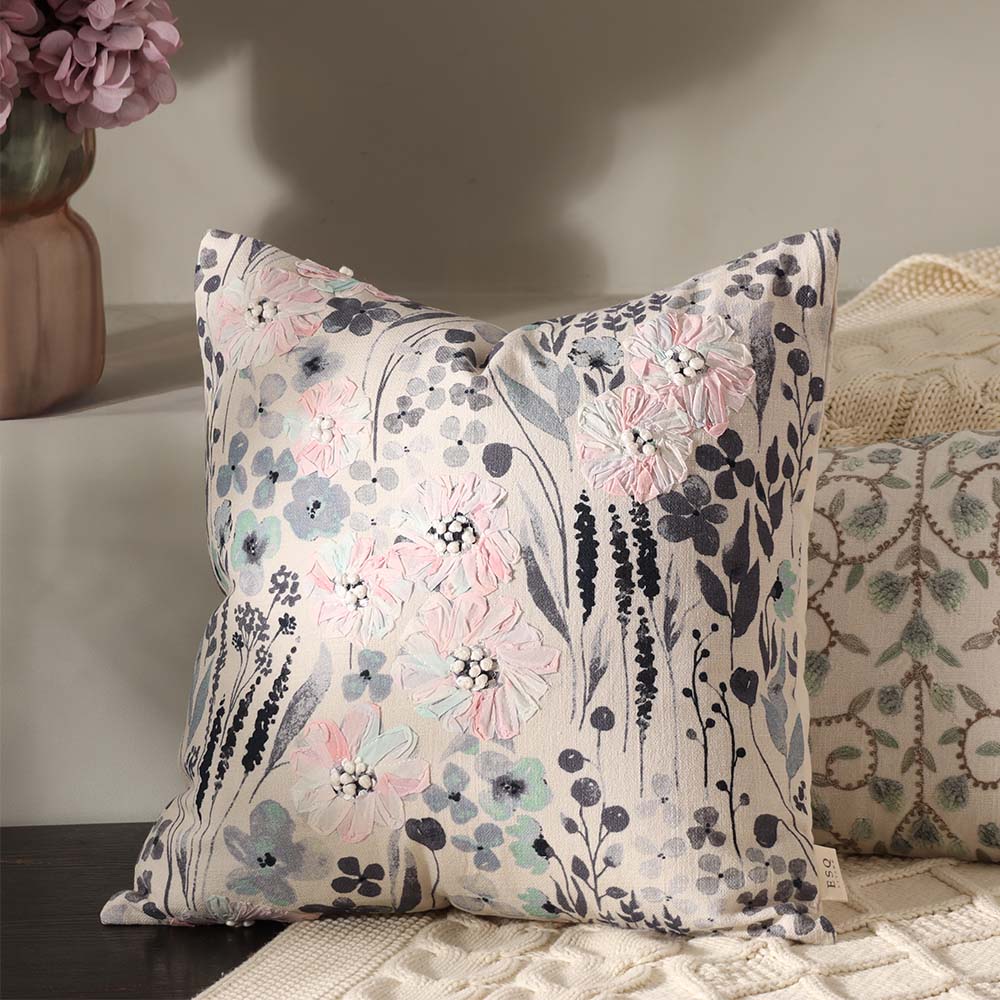 Poppy Embroidered & Printed Cotton Cushion Cover 45x45cm - Blue White