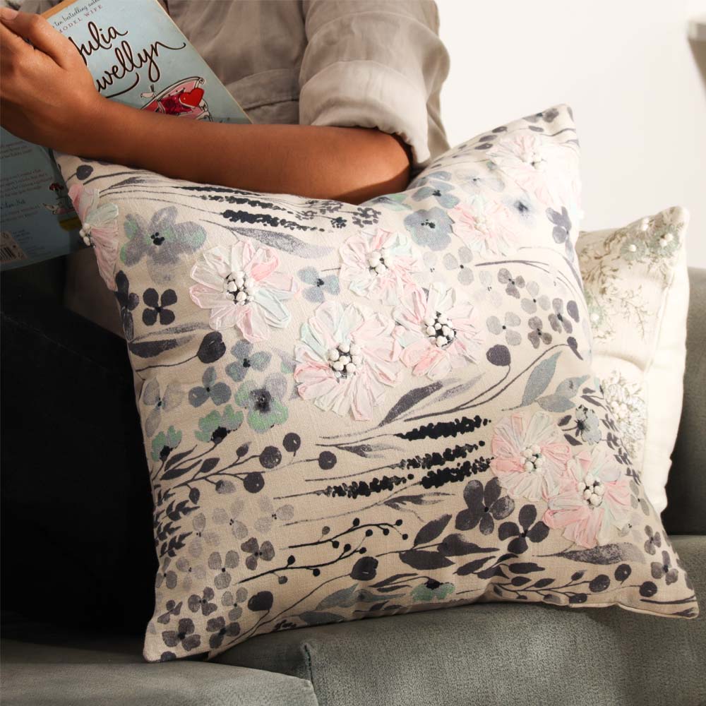 Poppy Embroidered & Printed Cotton Cushion Cover 45x45cm - Blue White - Image 2