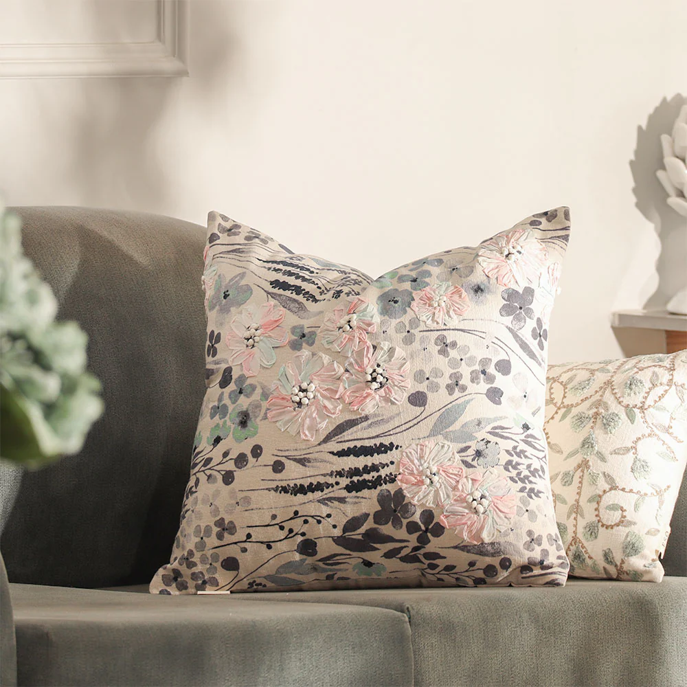 Poppy Embroidered & Printed Cotton Cushion Cover 45x45cm - Blue White - Image 3