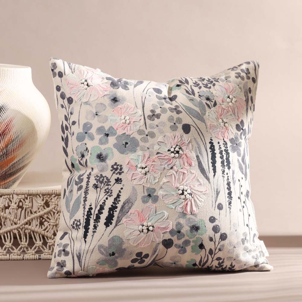 Poppy Embroidered & Printed Cotton Cushion Cover 45x45cm - Blue White - Image 4