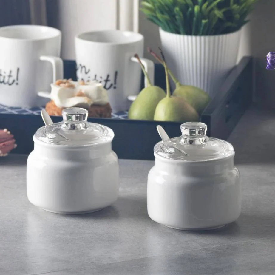 Porcelain Seasoning Jars with Glass Lid, Set of 2 - White