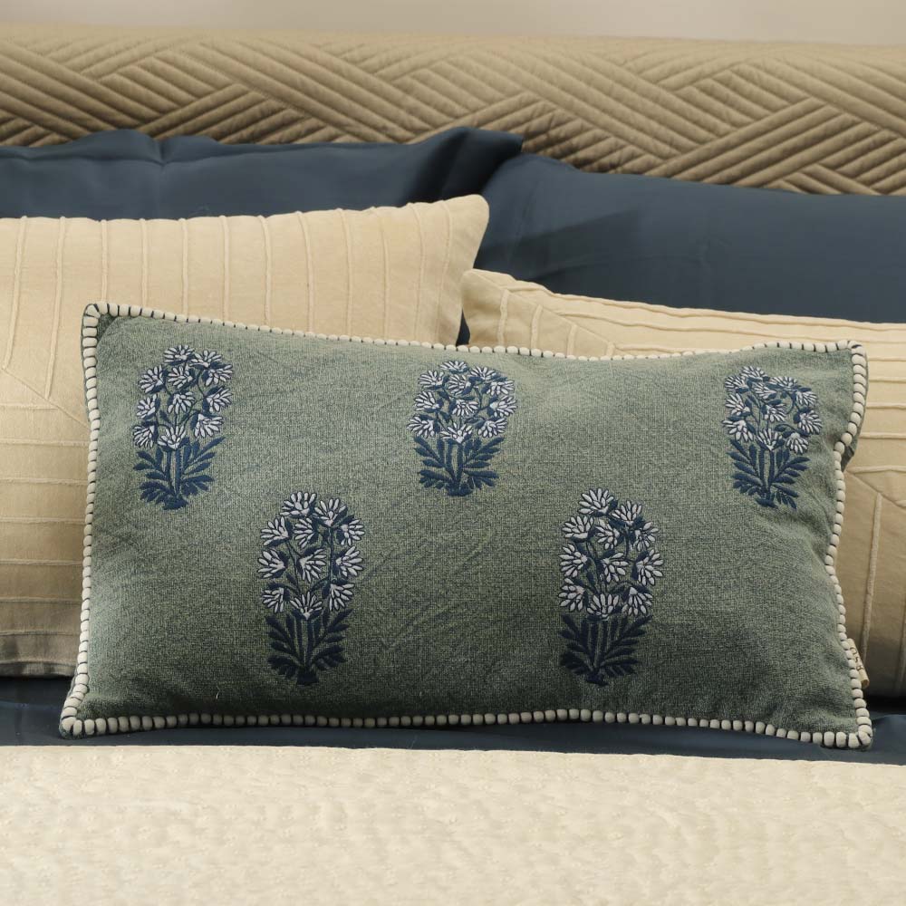 Posey Embroidered Cotton Rectangular Cushion Cover 50x30cm - Denim Blue - Image 2