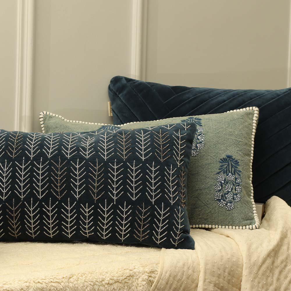 Posey Embroidered Cotton Rectangular Cushion Cover 50x30cm - Denim Blue - Image 3
