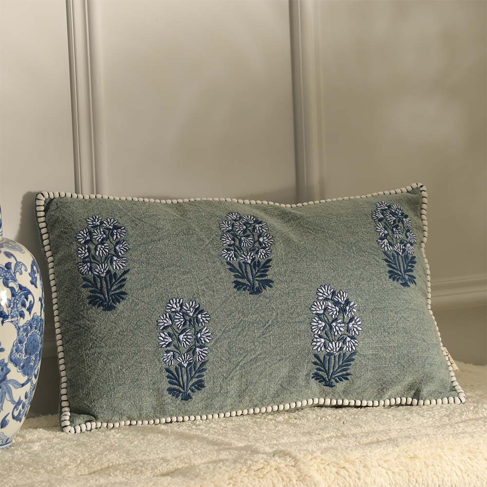 Posey Embroidered Cotton Rectangular Cushion Cover 50x30cm - Denim Blue - Image 4