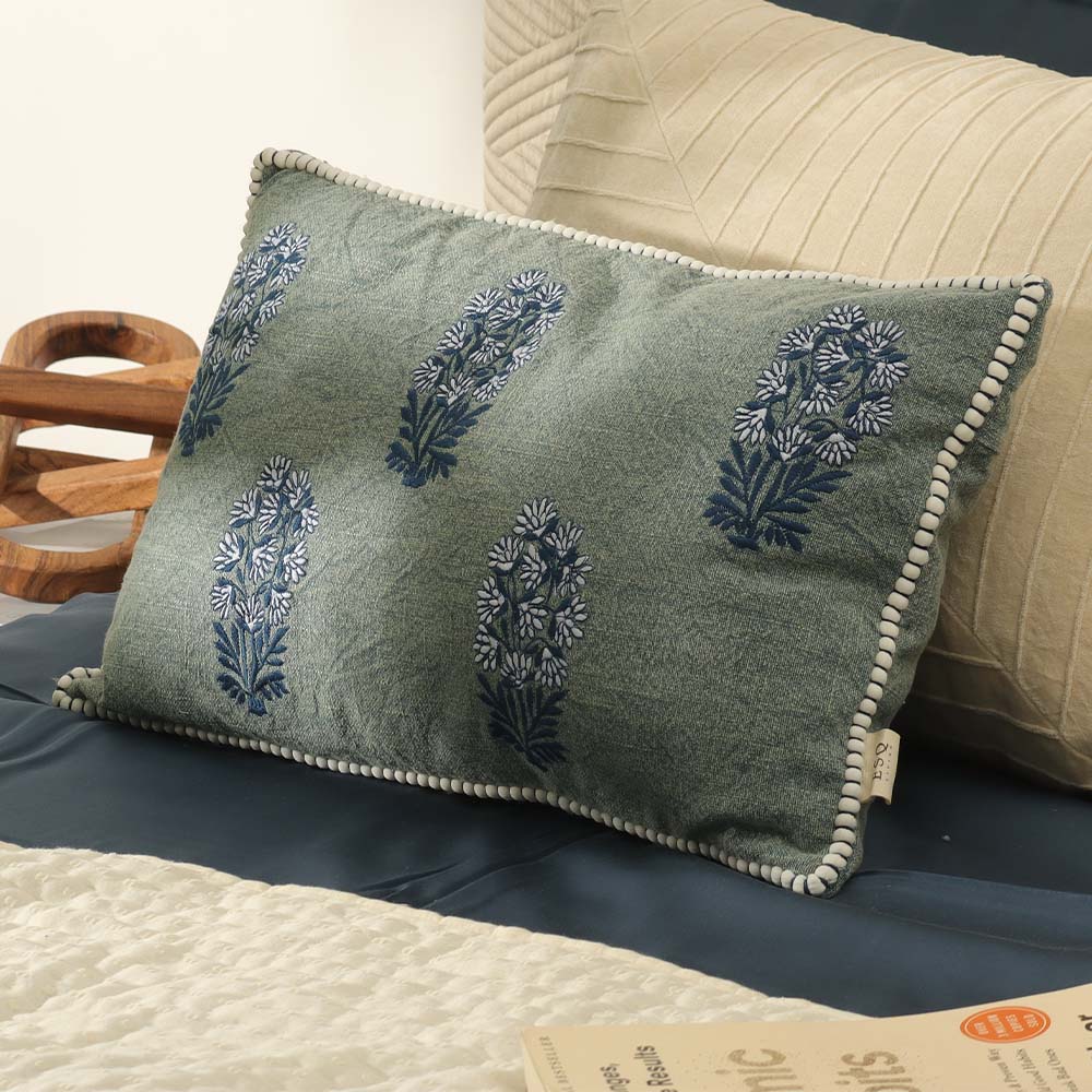 Posey Embroidered Cotton Rectangular Cushion Cover 50x30cm - Denim Blue - Image 5