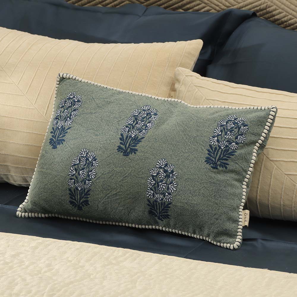 Posey Embroidered Cotton Rectangular Cushion Cover 50x30cm - Denim Blue - Image 6