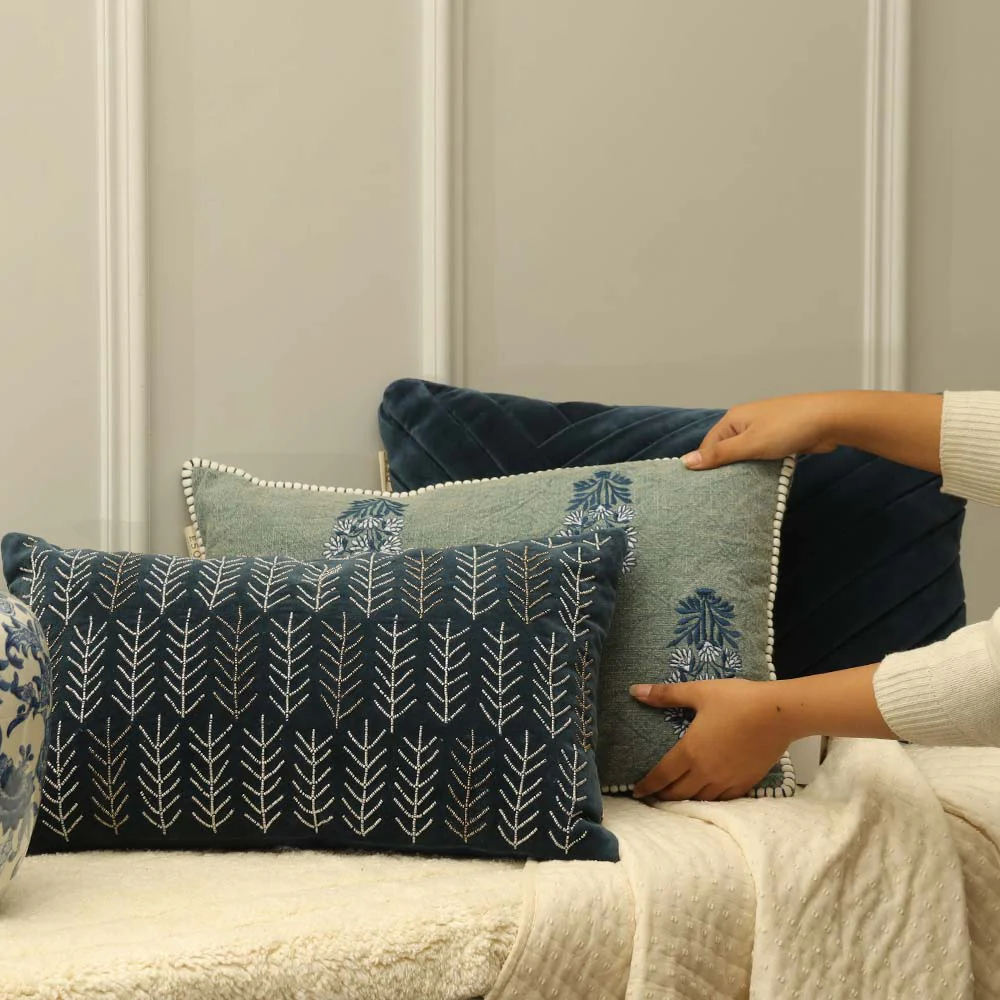 Posey Embroidered Cotton Rectangular Cushion Cover 50x30cm - Denim Blue - Image 7