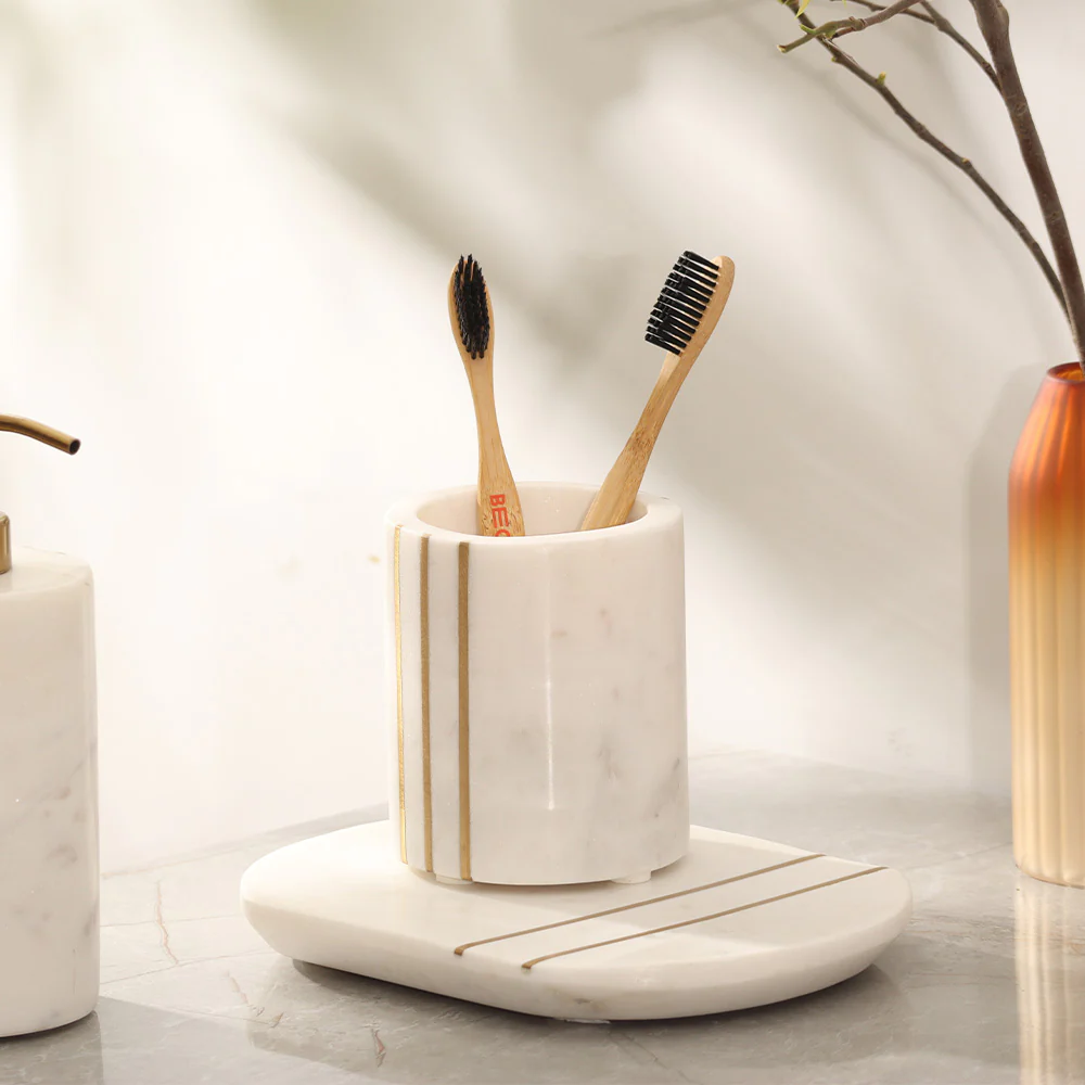 Raya Marble Toothbrush Tumbler - White Gold - Image 2