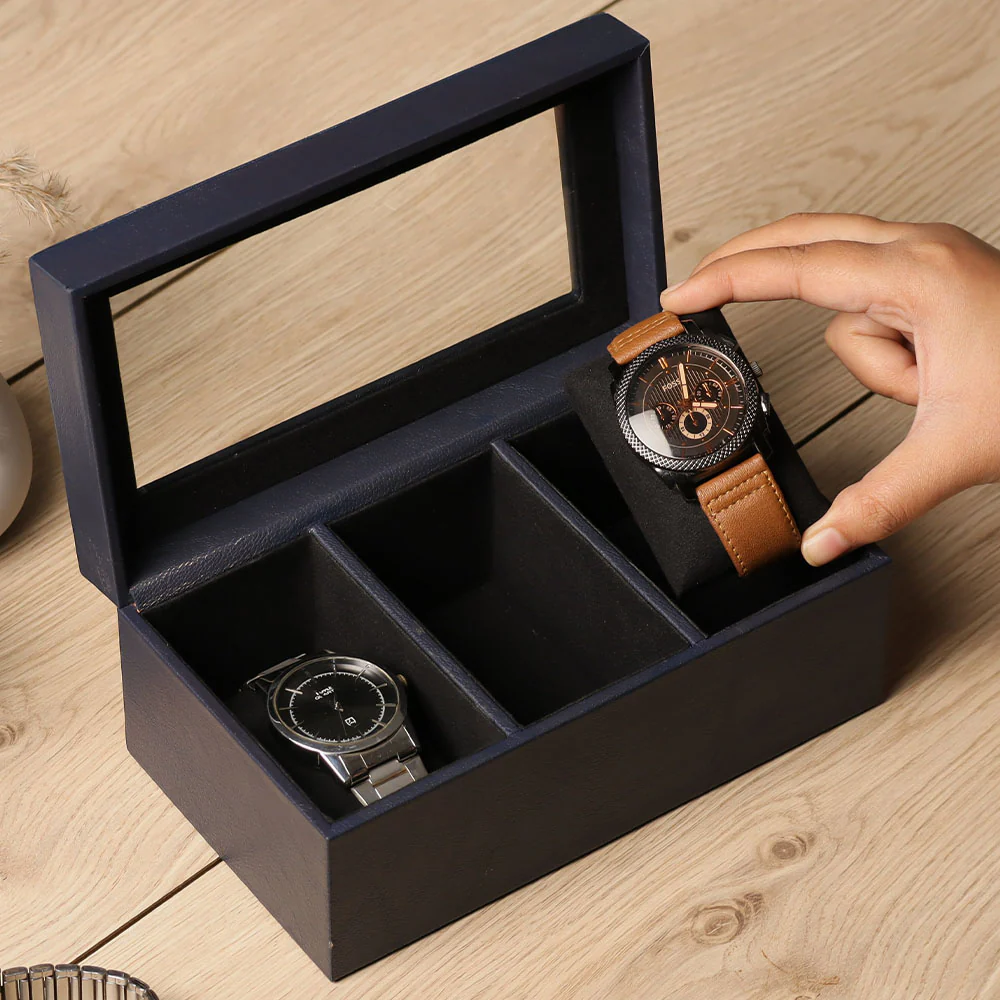 Reco 3-piece Leather Watch Box - Navy - Image 3