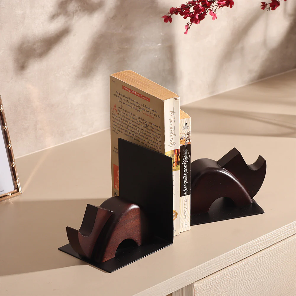 Rhino Metal and Wood Bookends, Set of 2 - Brown Black - Image 6