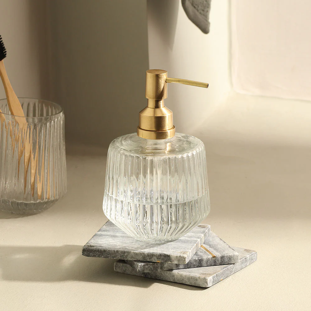 Ribbed Glass and Brass Soap Dispenser - Clear Gold - Image 2