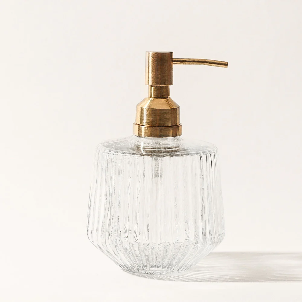 Ribbed Glass and Brass Soap Dispenser - Clear Gold - Image 3