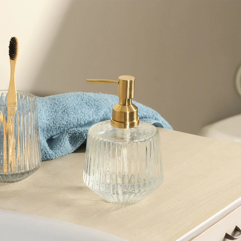 Ribbed Glass and Brass Soap Dispenser - Clear Gold - Image 4