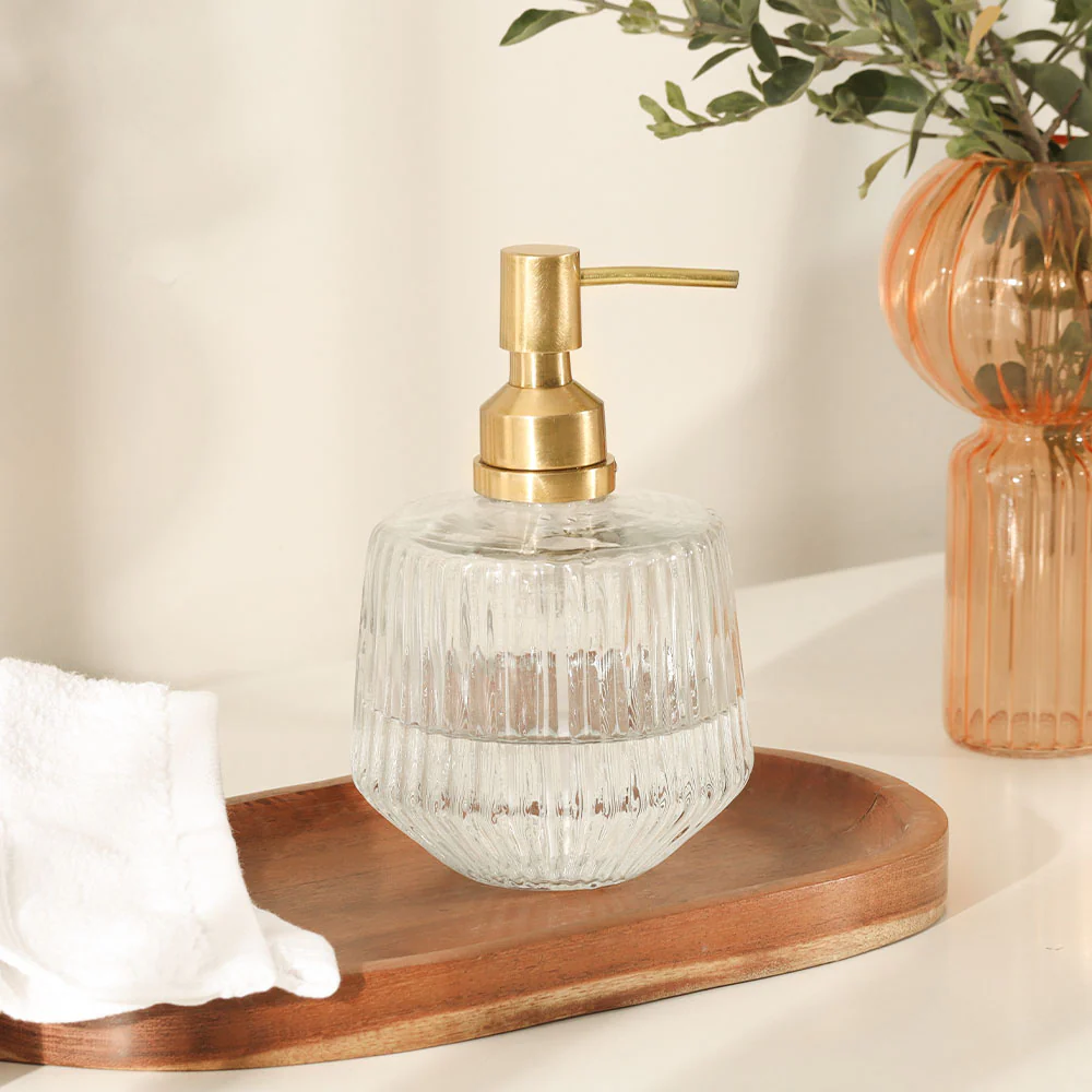 Ribbed Glass and Brass Soap Dispenser - Clear Gold - Image 5