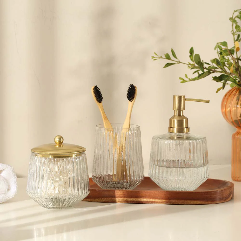 Ribbed Glass and Brass Soap Dispenser - Clear Gold - Image 6