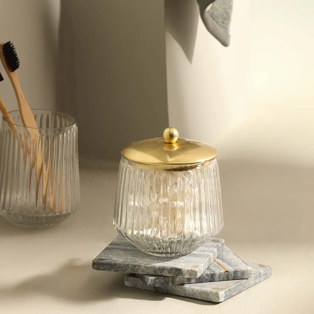 Ribbed Glass and Brass Storage Jar - Clear Gold - Image 2